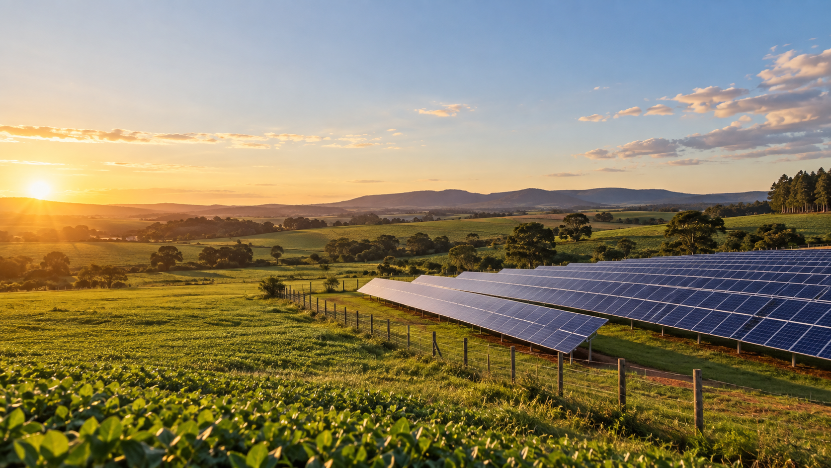 Área rural com painéis solares instalados em meio à paisagem